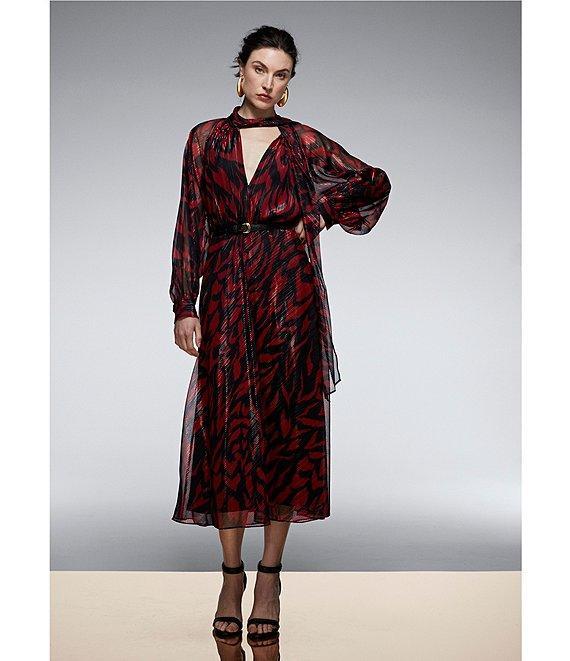 Donna Karan Metallic Chiffon Tie Neck A-Line Midi Dress Product Image