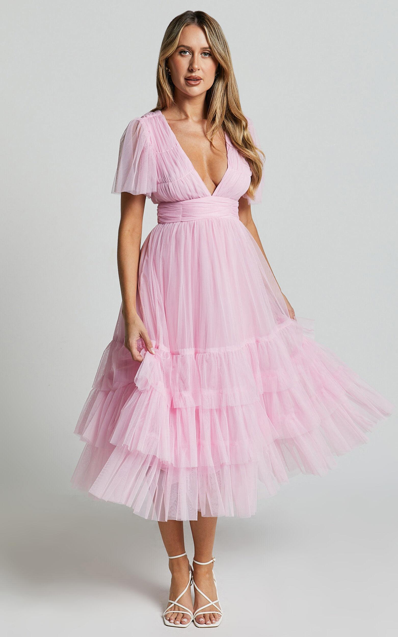 Jiraye Midi Dress - Flutter Sleeve Tuelle Plunge Dress in Ballet Pink Product Image