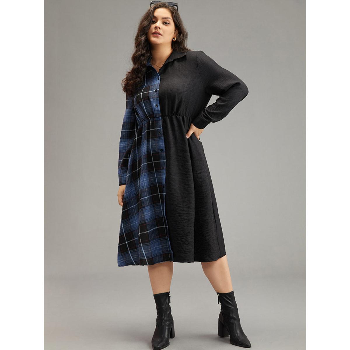 Plus Size Plaid Patchwork Button Through Pocket Dress Multicolor Women Office Contrast Shirt collar Long Sleeve Curvy Midi Dress BloomChic 28/5X Product Image