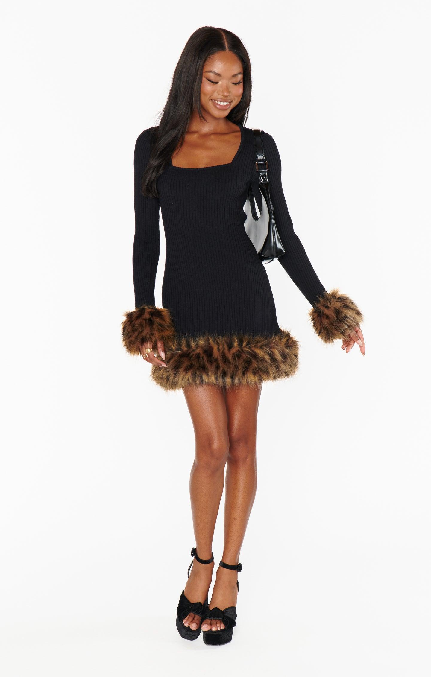 Francine Mini Dress ~ Black Knit with Faux Fur Product Image