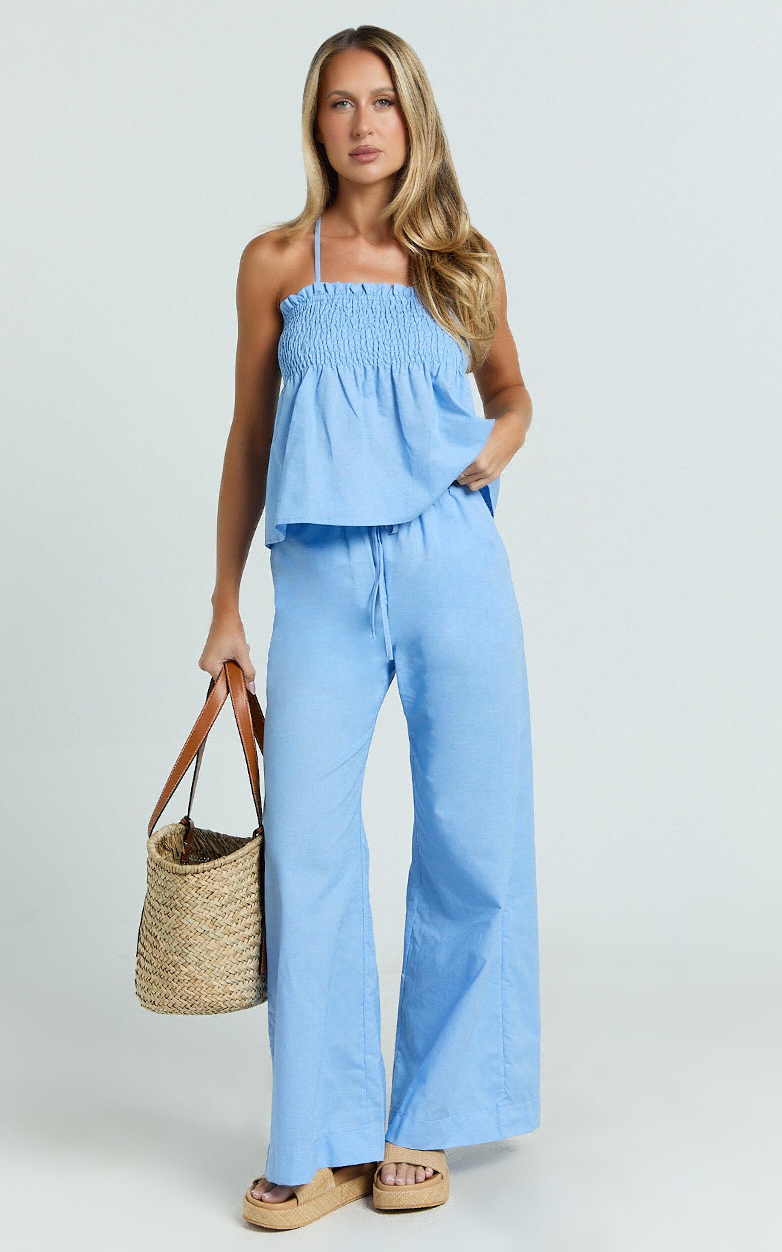Alma Two Piece Set - Cotton Cami Pant Set in Blue Product Image