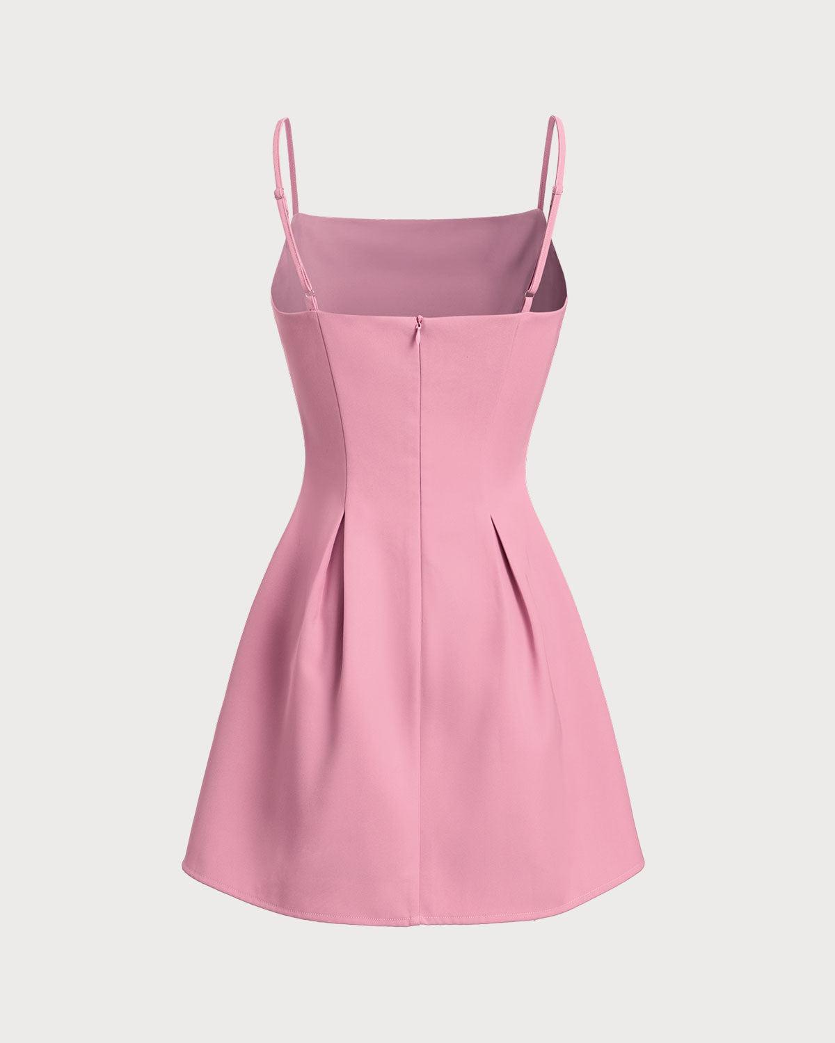 Pink Square Neck Slip Pleated Mini Dress Product Image