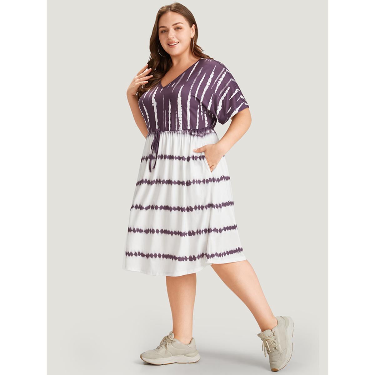 Plus Size Tie Dye Batwing Sleeve Pocket Knot Front Dress Mauve Women Casual Lined V-neck Short sleeve Curvy Midi Dress BloomChic 14-16/1X Product Image