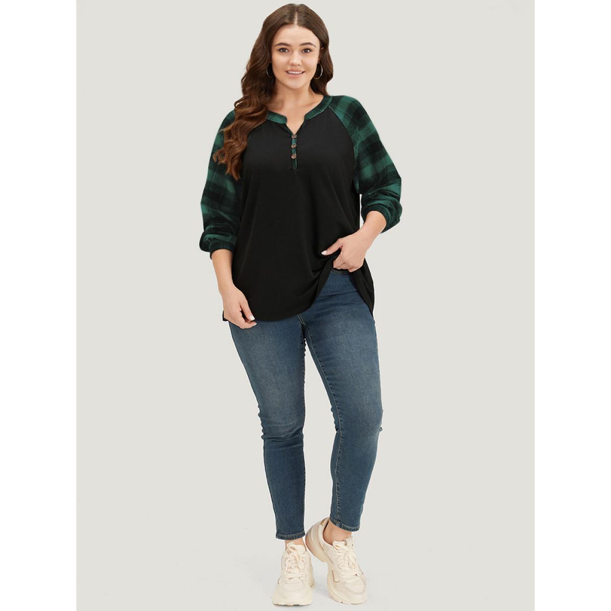 Plus Size Plaid Patchwork Notched Button Detail Sweatshirt Women Green Casual Patchwork Notched collar Everyday Sweatshirts BloomChic 22-24/3X Product Image