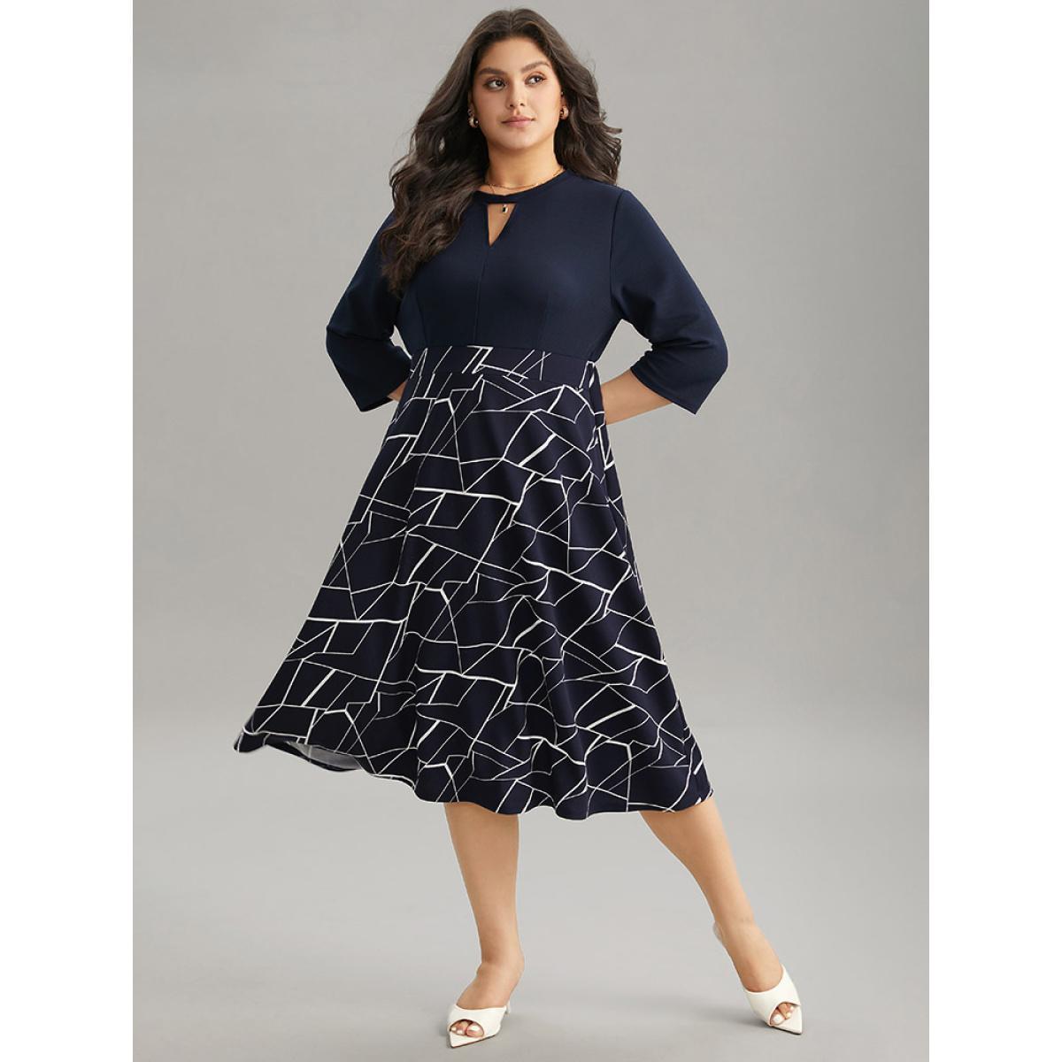 Plus Size Geometric Contrast Keyhole Elastic Waist Dress Indigo Women Office Contrast Keyhole Cut-Out Elbow-length sleeve Curvy Midi Dress BloomChic 18-20/2X Product Image