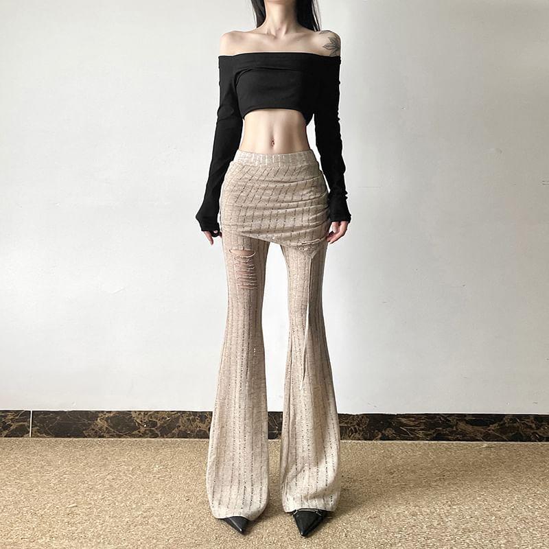 Low Waist Plain Distressed Flared Knit Pants Product Image