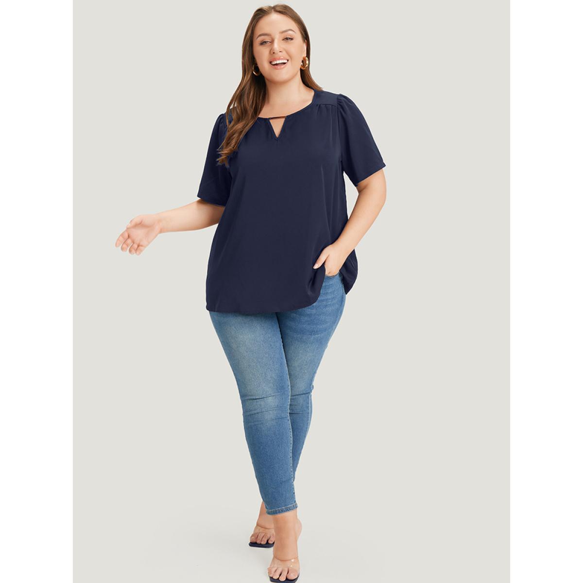 Plus Size Indigo Anti-Wrinkle Plain Metal Detail Keyhole Neck Blouse Women Office Short sleeve V-neck Work Blouses BloomChic 14-16/1X Product Image
