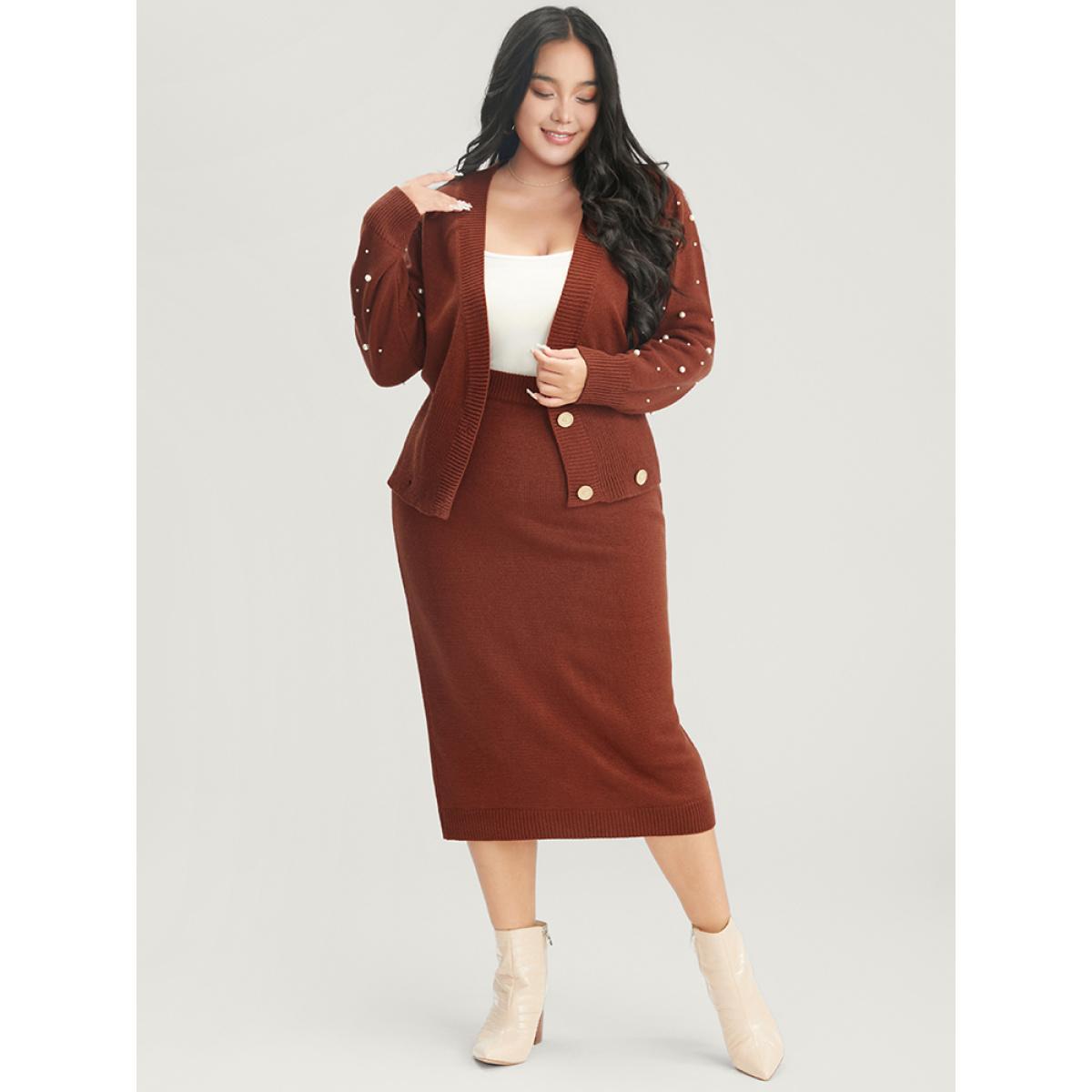 Plus Size Solid Pointelle Knit Pearls Beaded Button Front Knit Top Maroon Women Elegant Long Sleeve Deep V-neck Dailywear Pullovers BloomChic 18-20/2X Product Image