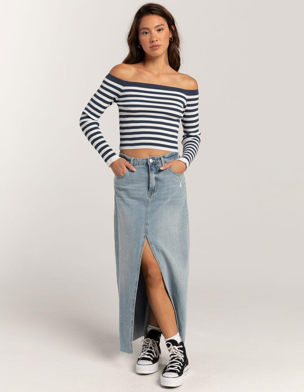 RSQ Womens Stripe Off The Shoulder Long Sleeve Top - Cream Combo Product Image