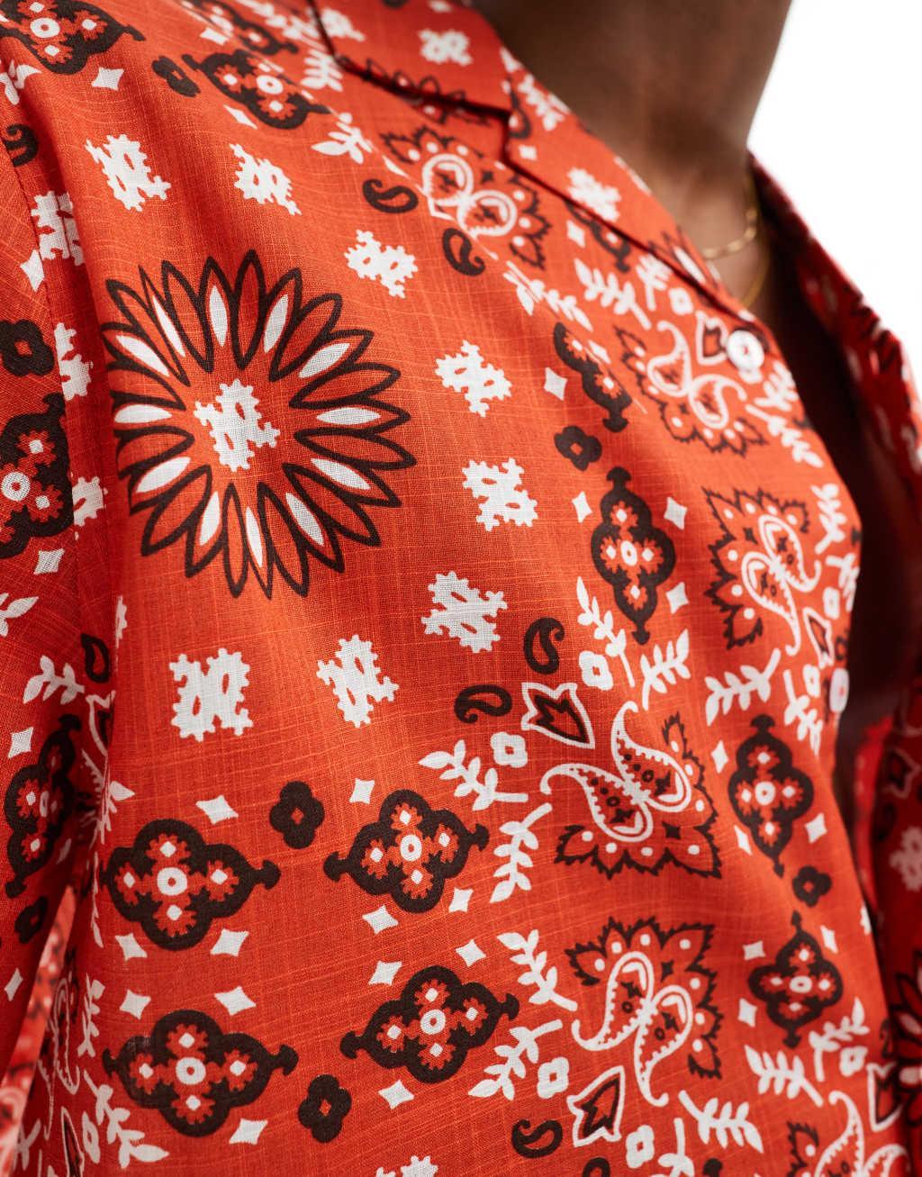 ASOS DESIGN relaxed camp collar shirt with bandana print in red - part of a set Product Image