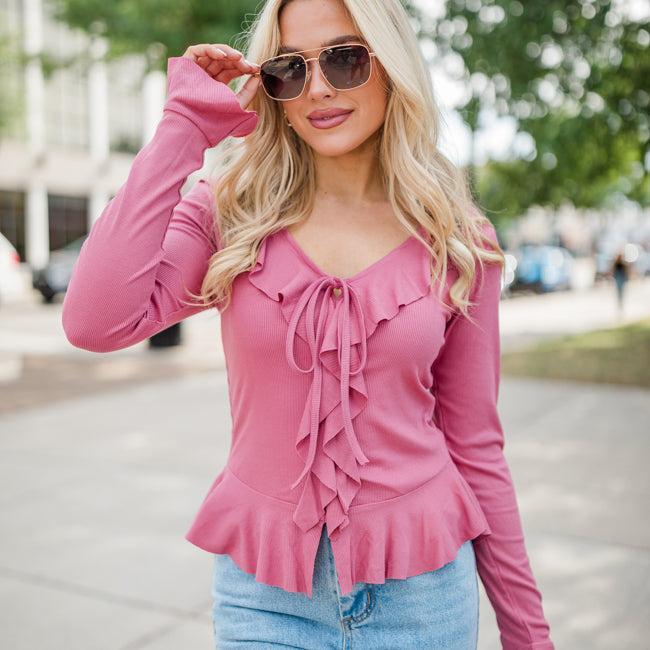 Treat You the Same Rose Ruffle Detail Ribbed Blouse FINAL SALE Product Image