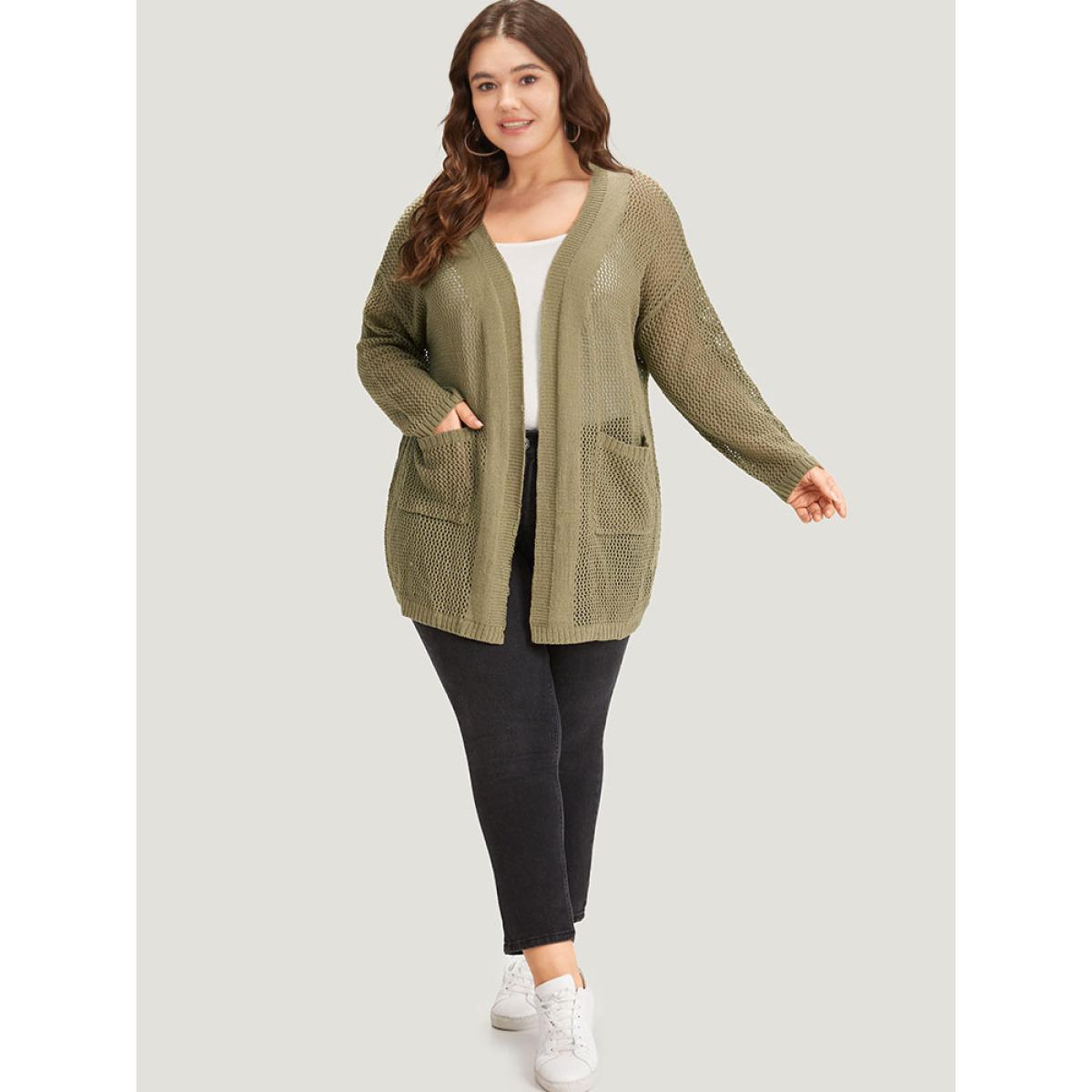 Plus Size Solid Patched Pocket Open Front Patchwork Cardigan Olive Women Casual Loose Long Sleeve Everyday Cardigans BloomChic 28/5X Product Image