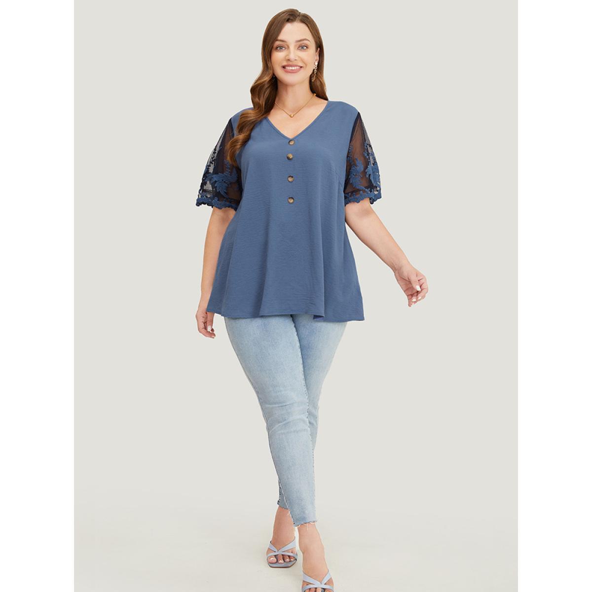 Plus Size Stone Plain Lace Mesh Sleeve Button Detail Blouse Women Elegant Short sleeve V-neck Dailywear Blouses BloomChic 12/L Product Image