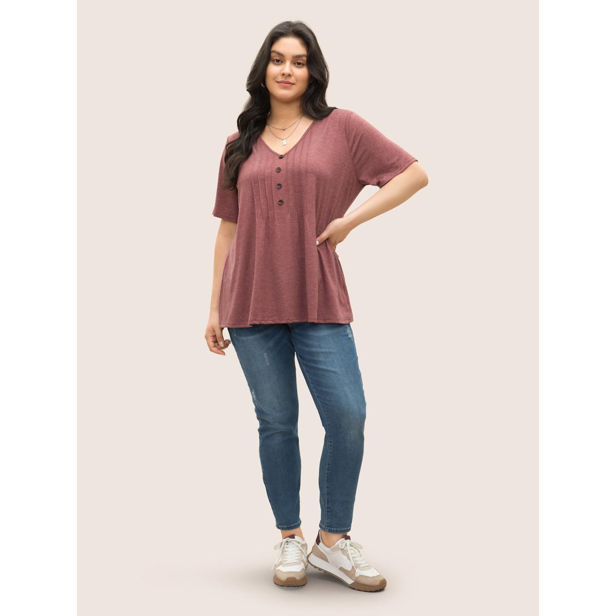Plus Size Solid Pleated Front Button Detail V Neck T-shirt Russet Women Casual Button Plain Everyday T-shirts BloomChic 30/6X Product Image