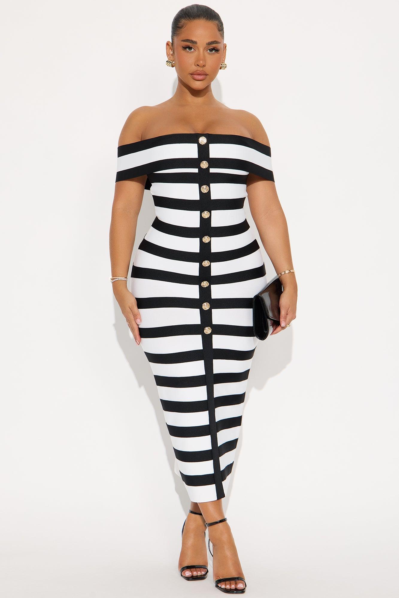 Zaria Striped Bandage Midi Dress - Black/White Female Product Image