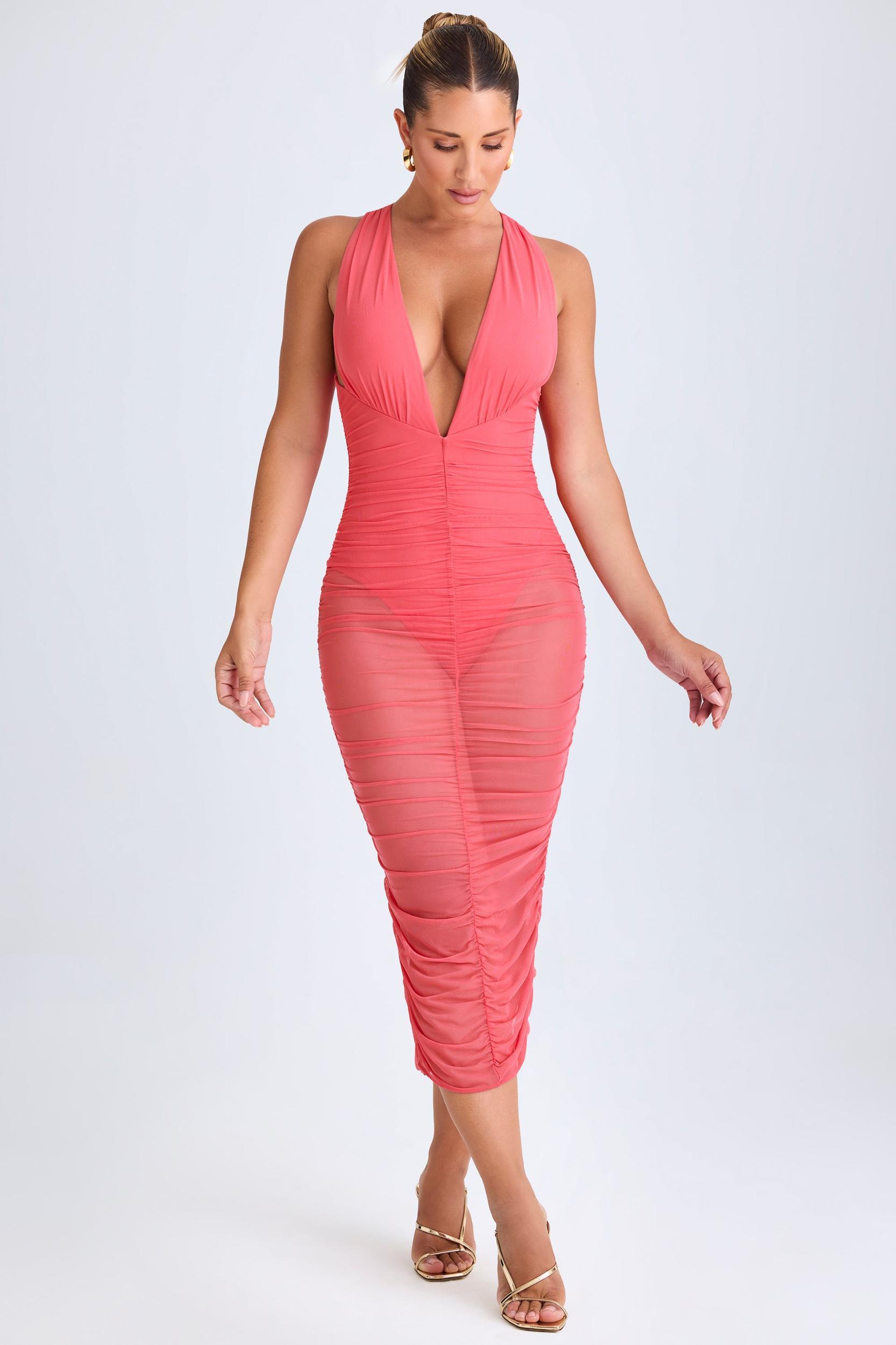 Ruched Plunge Midaxi Dress in Coral Product Image