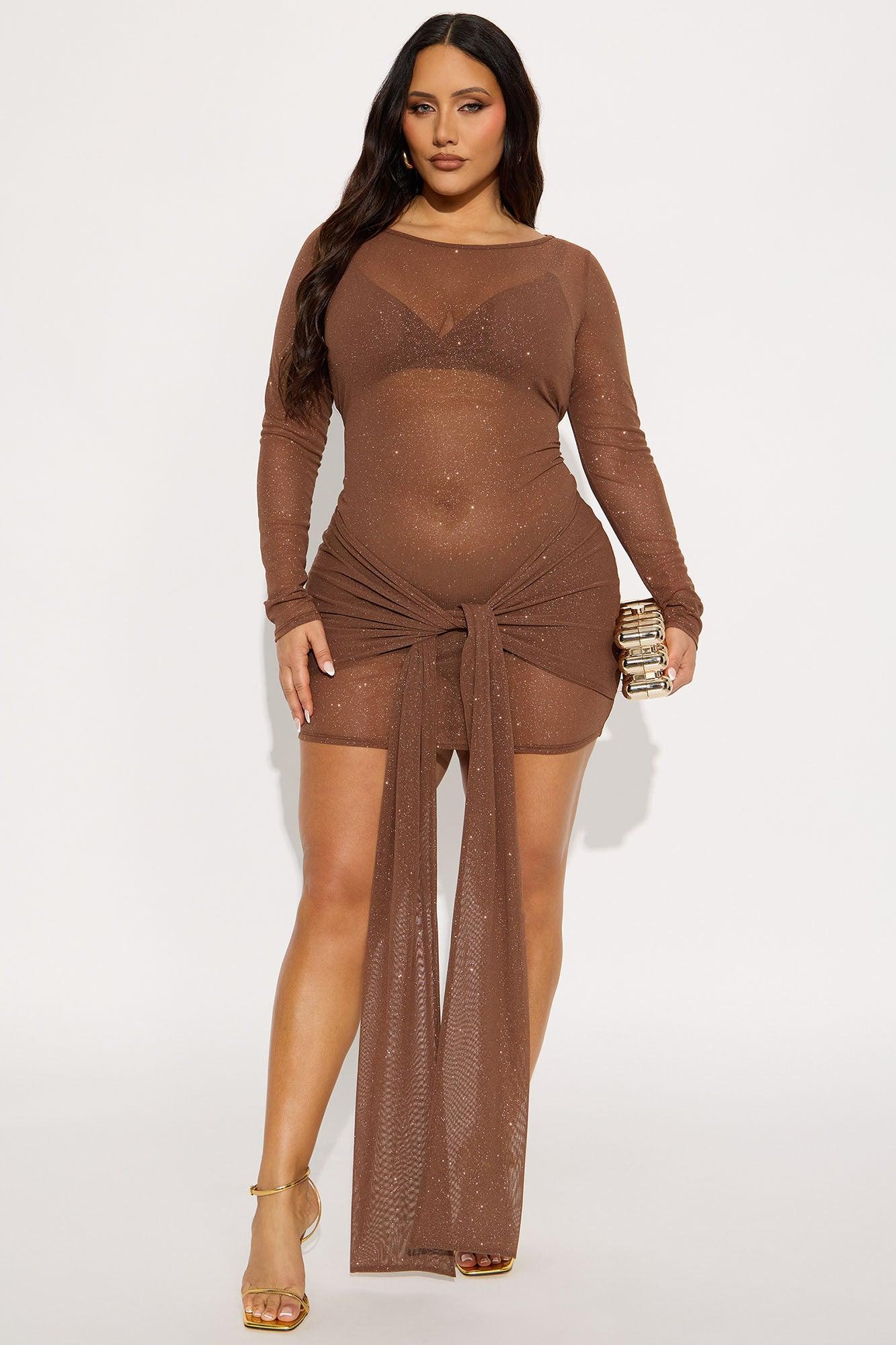 Yasmeen Sheer Glitter Mesh Mini Dress - Chocolate Product Image