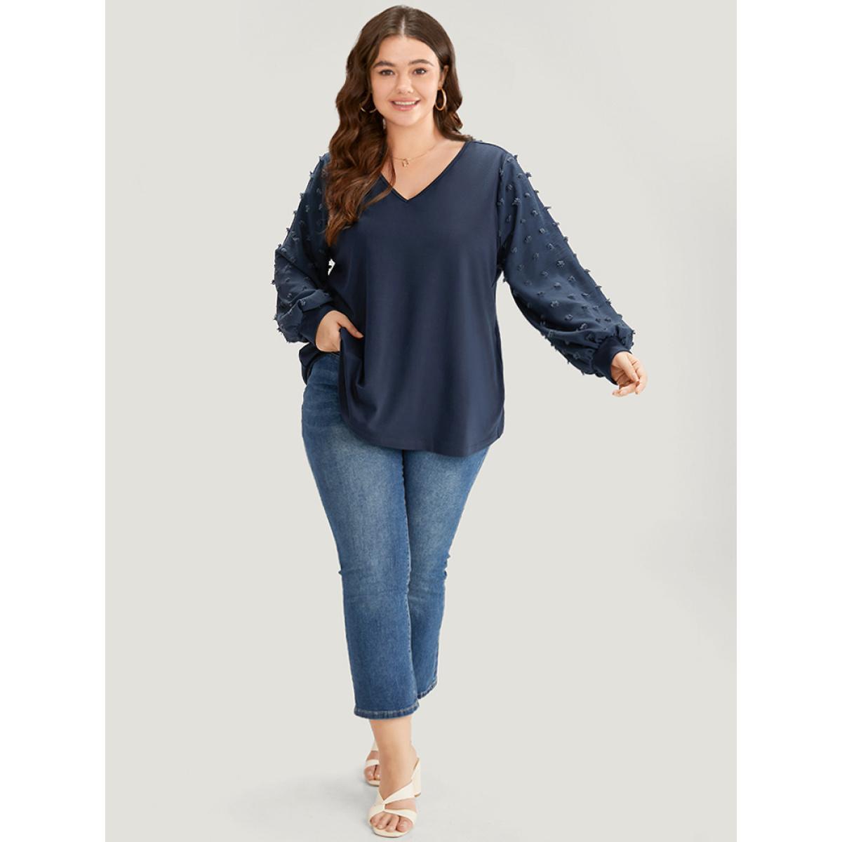 Plus Size Solid V Neck Patchwork Elastic Cuffs Sweatshirt Women Blue Elegant Elastic cuffs V-neck Dailywear Sweatshirts BloomChic 14-16/1X Product Image