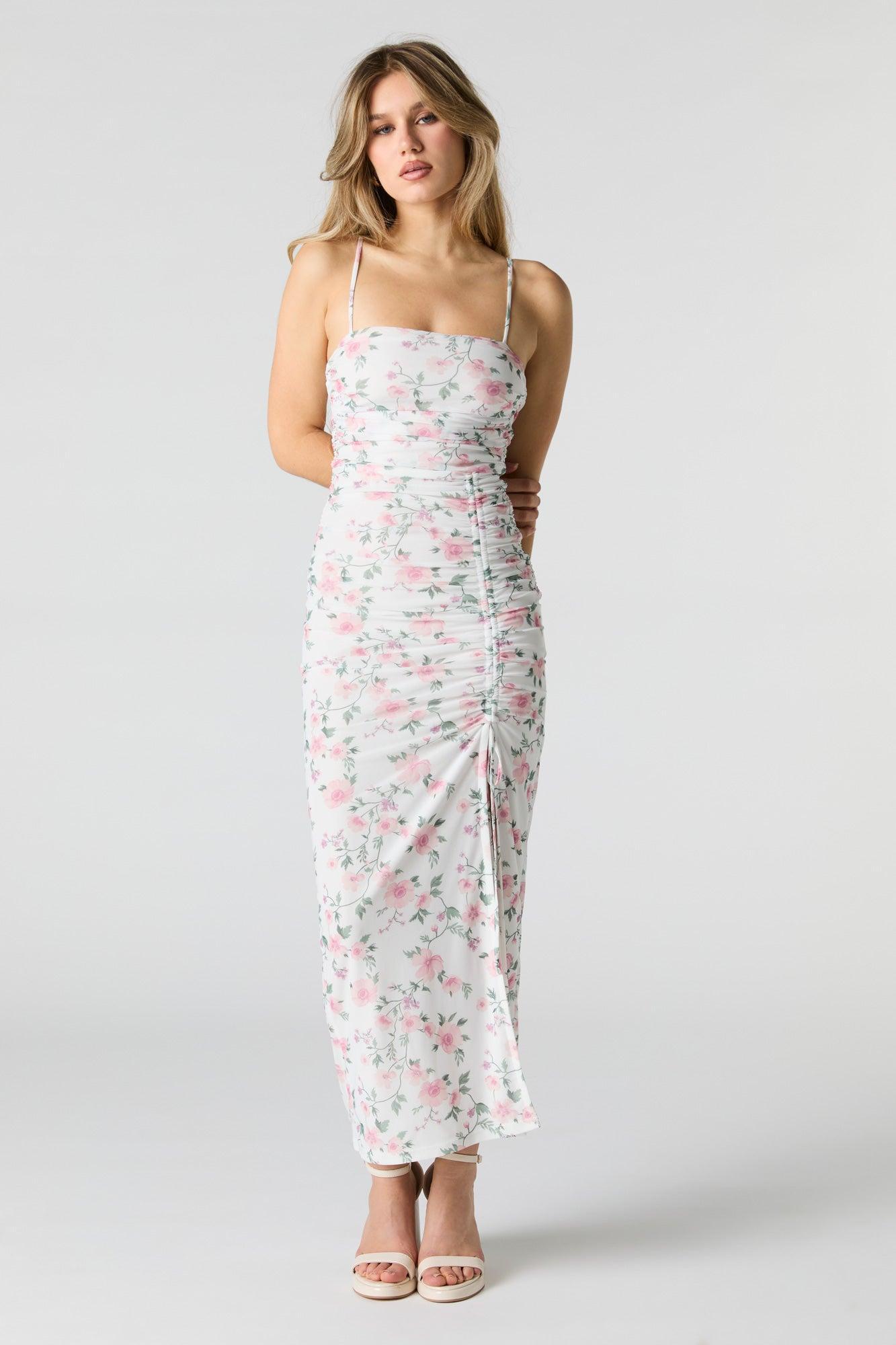 Floral Mesh Ruched Slit Midi Dress Female Product Image