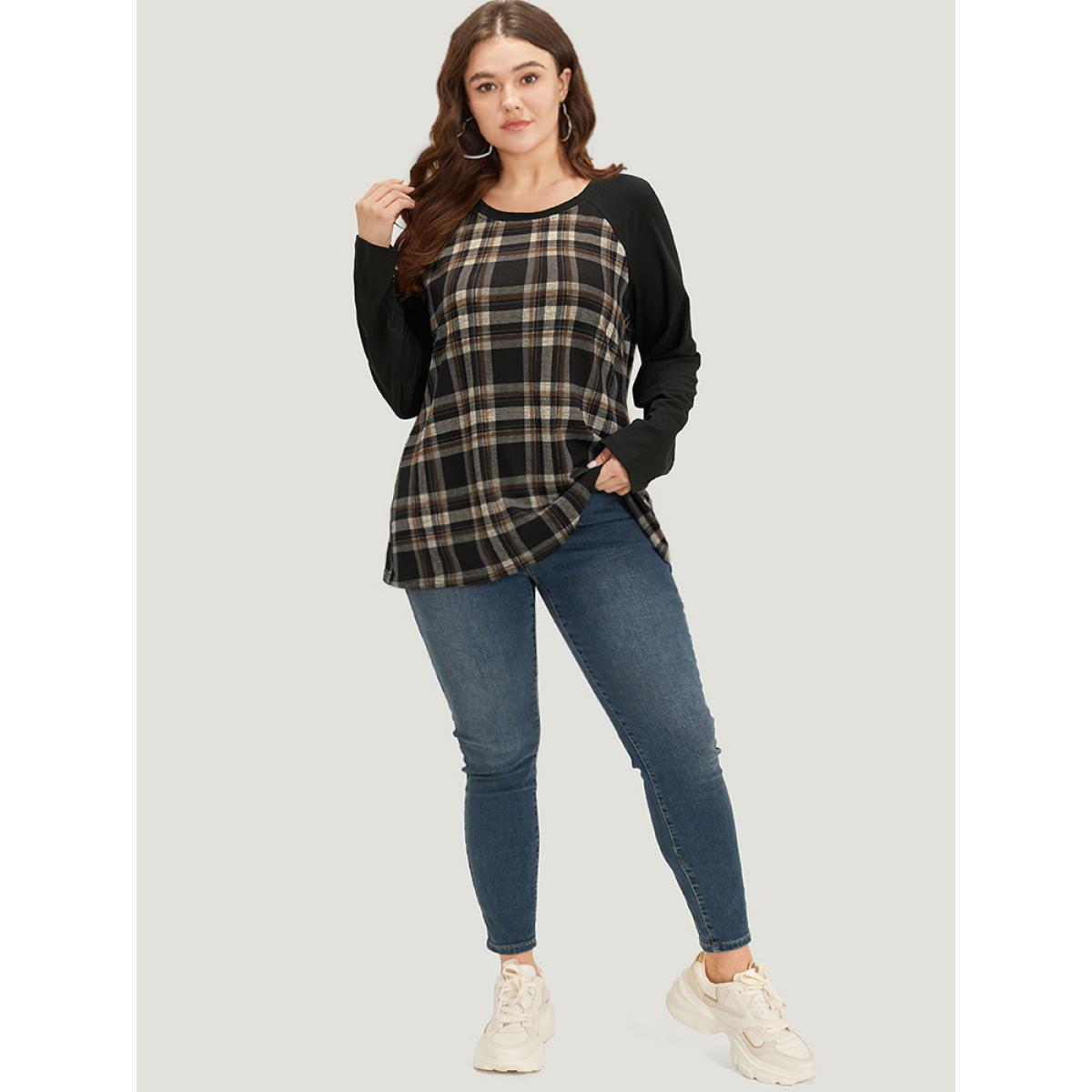 Plus Size Plaid Raglan Sleeve Crew Neck T-shirt Red Women Casual Patchwork Plaid Round Neck Dailywear T-shirts BloomChic 10/M Product Image