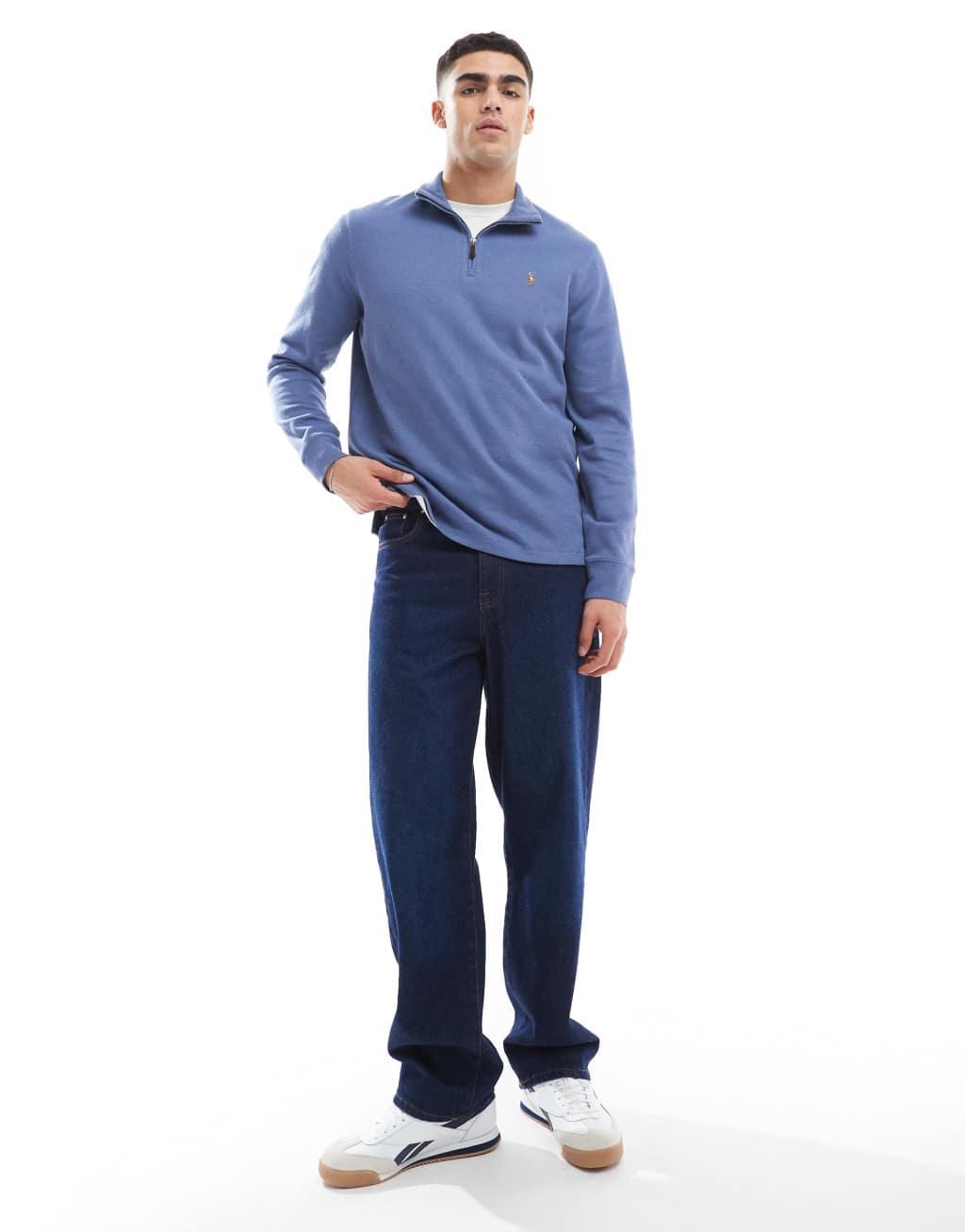Polo Ralph Lauren icon logo double knit jacquard half zip sweatshirt in mid blue Product Image