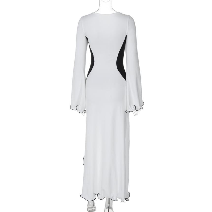 Long-Sleeve Scoop Neck Two Tone Ruffle Trim Slit Midi Sheath Dress Product Image