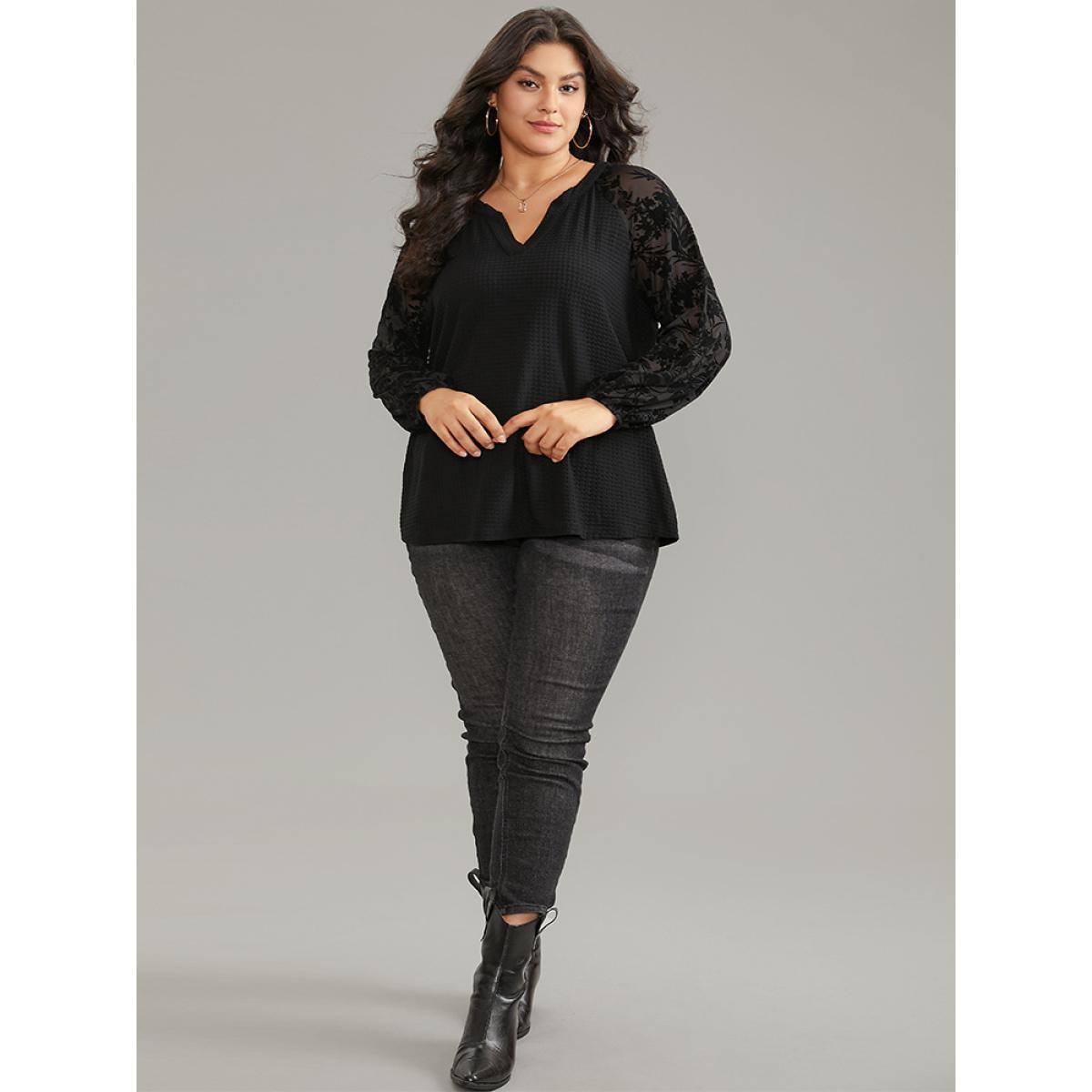 Plus Size Silhouette Floral Print Mesh Waffle Knit T-shirt Black Women Elegant Waffle Knit Silhouette Floral Print Notched collar Dailywear T-shirts BloomChic 12/L Product Image