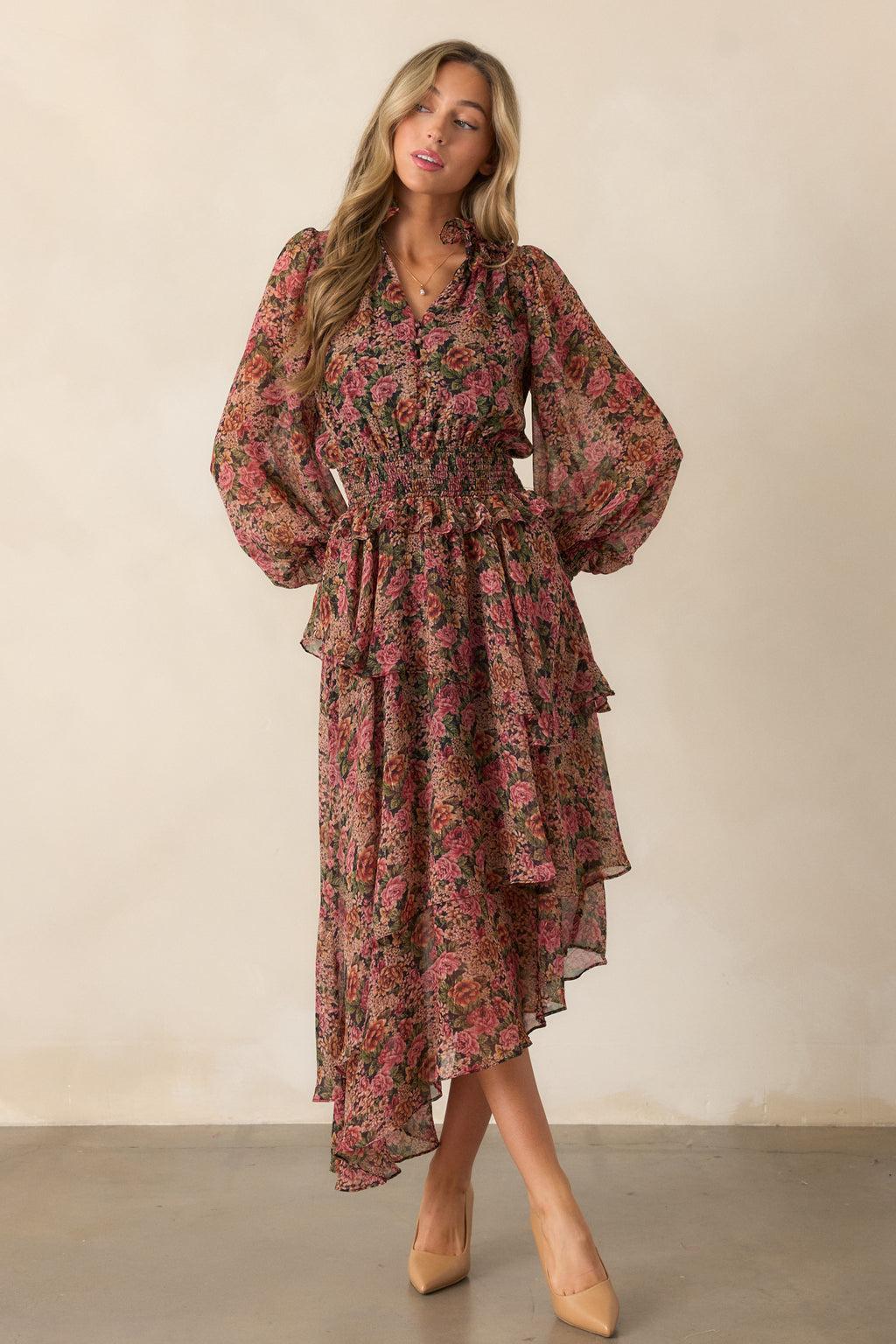 Roses Of Love Black Multi Floral Long Sleeve Ruffle Midi Dress Product Image