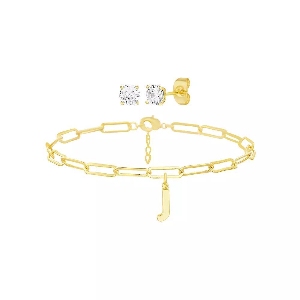 Paige Harper 14k Gold Plated Initial Charm Bracelet & Cubic Zirconia Stud Earring Set, Womens Gold Tone J Product Image