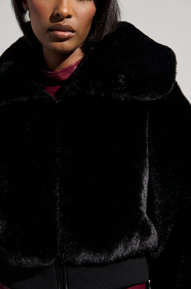 DREW FAUX FUR BOMBER WITH RIB TRIM IN BLACK Product Image
