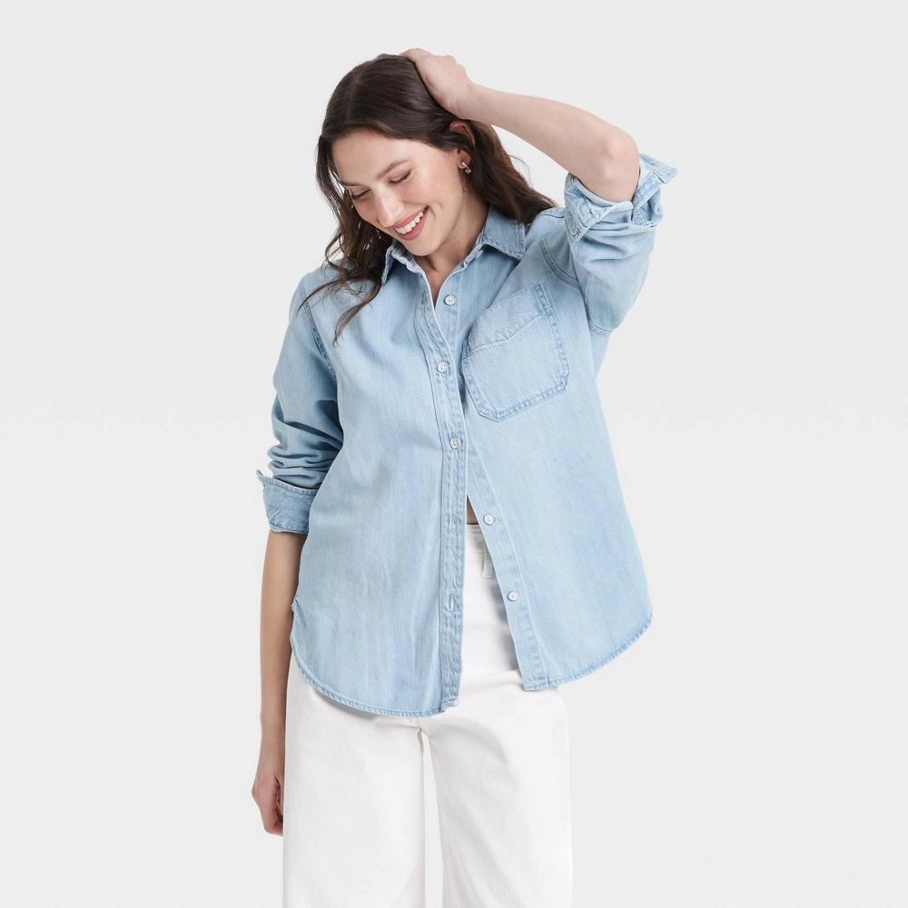 Women's Relaxed Fit Denim Button-Down Shirt - Universal Thread™ Light Wash M: Midweight, Long Sleeve, Collared Product Image