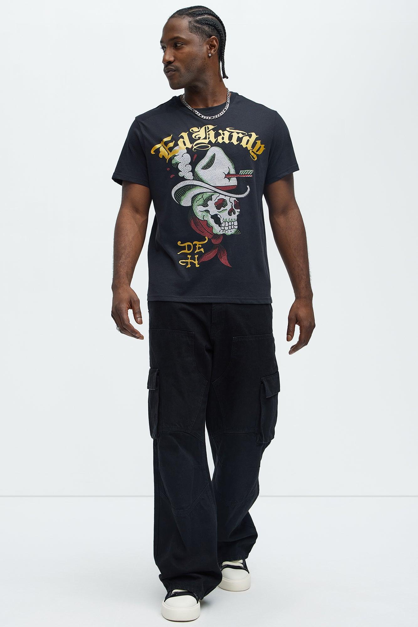 Ed Hardy Cowboy Skull Rhinestone Tee - Black Product Image