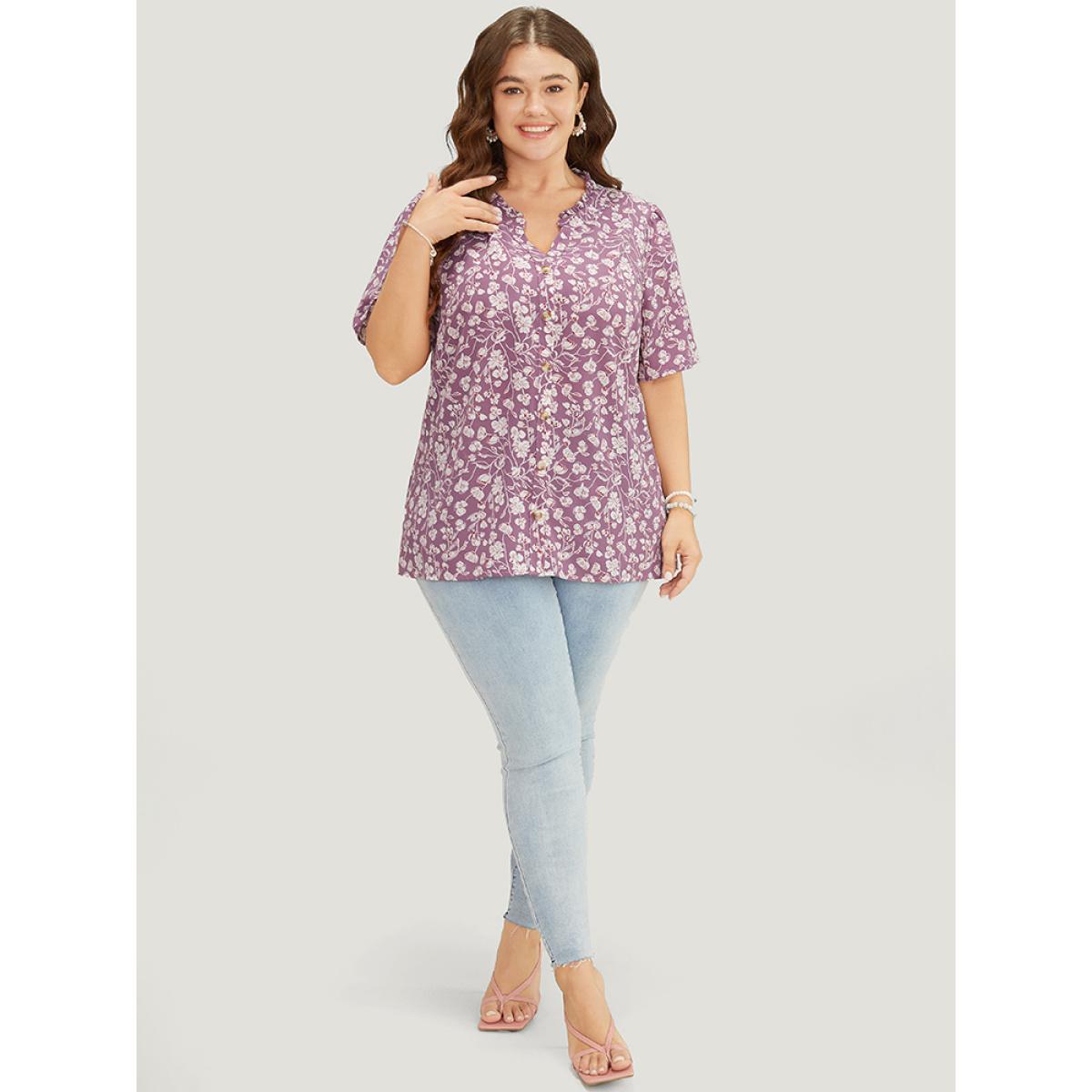 Plus Size Mauve Ditsy Floral Button Up Frill Trim Notched Blouse Women Elegant Short sleeve Notched collar Dailywear Blouses BloomChic 12/L Product Image