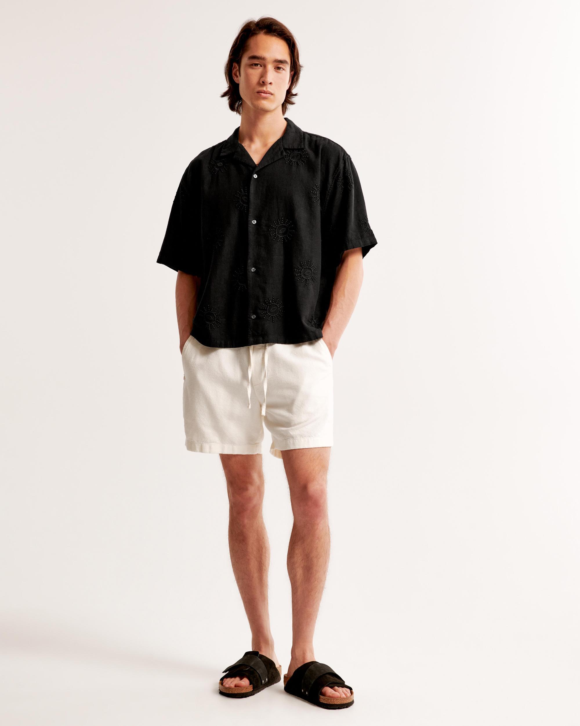 Camp Collar Cropped Summer Linen-Blend Embroidered Shirt Product Image