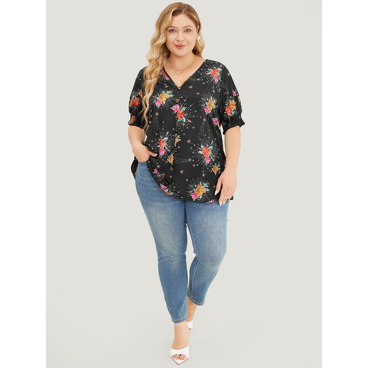 Plus Size BlackFlower Floral Shirred Puff Sleeve Blouse Women Glamour Short sleeve V-neck Going out Blouses BloomChic 14-16/1X Product Image