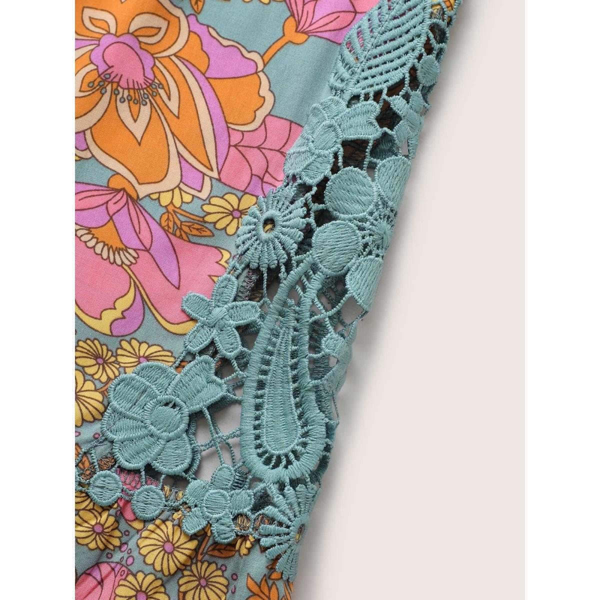 Plus Size Stone Boho Print Guipure Lace Ruffles Blouse Women Resort Elbow-length sleeve V-neck Vacation Blouses BloomChic 26/4X Product Image