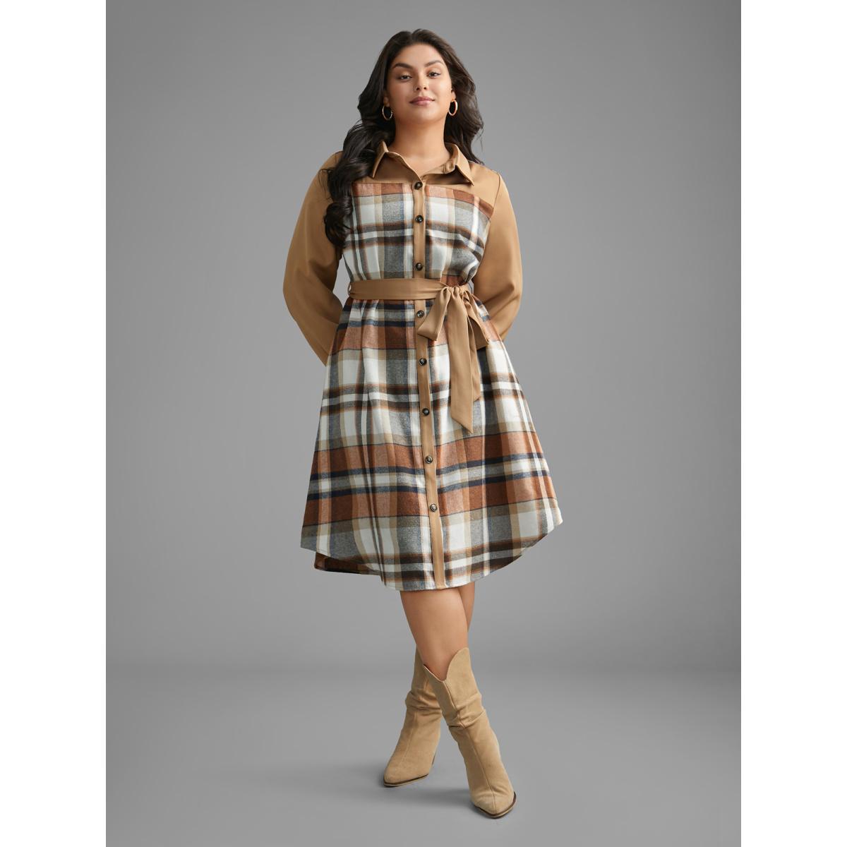 Plus Size Shirt Collar Plaid Patchwork Belted Dress Bronze Women Casual Belted Shirt collar Long Sleeve Curvy BloomChic 10/M Product Image