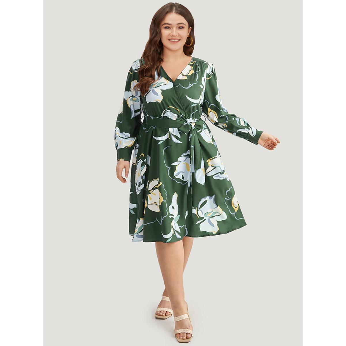 Plus Size Floral Print Belted Long Sleeve Dress DarkGreen Women Vacation Belted V-neck Long Sleeve Curvy Midi Dress BloomChic 14-16/1X Product Image