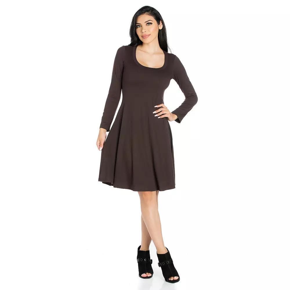 Women's 24seven Comfort Apparel Classic Scoopneck Long Sleeve Flared Mini Dress, Size: XL, Dark Brown Product Image
