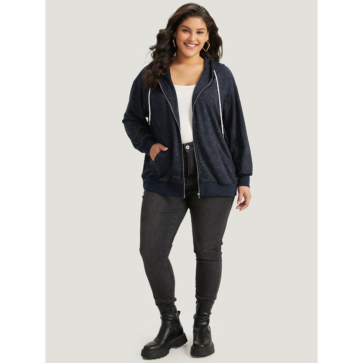 Plus Size Heather Hooded Drawstring Pocket Zipper Fly Sweatshirt Women Midnight Casual Elastic cuffs Hooded Everyday Sweatshirts BloomChic 12/L Product Image