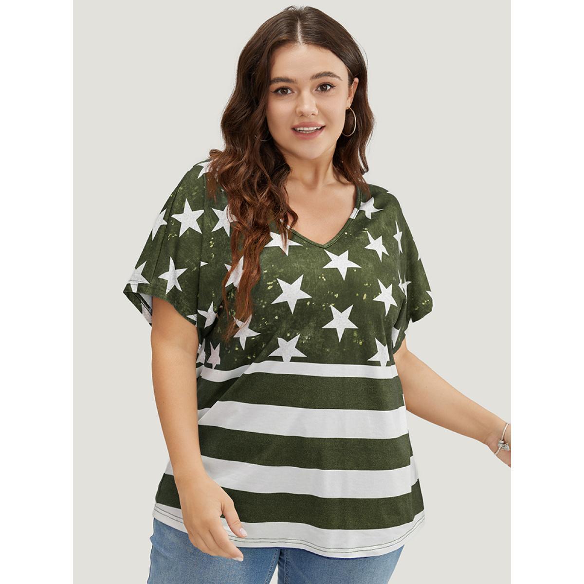 Plus Size Star & Striped Print Batwing Sleeve T-shirt ArmyGreen Women Casual Moon and Star V-neck Everyday T-shirts BloomChic 12/L Product Image