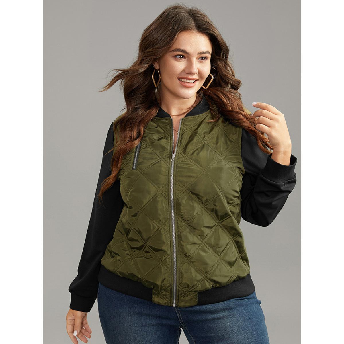 Plus Size Contrast Patchwork Quilted Zipper Bomber Jacket Women ArmyGreen Elastic cuffs Everyday Jackets BloomChic 18-20/2X Product Image