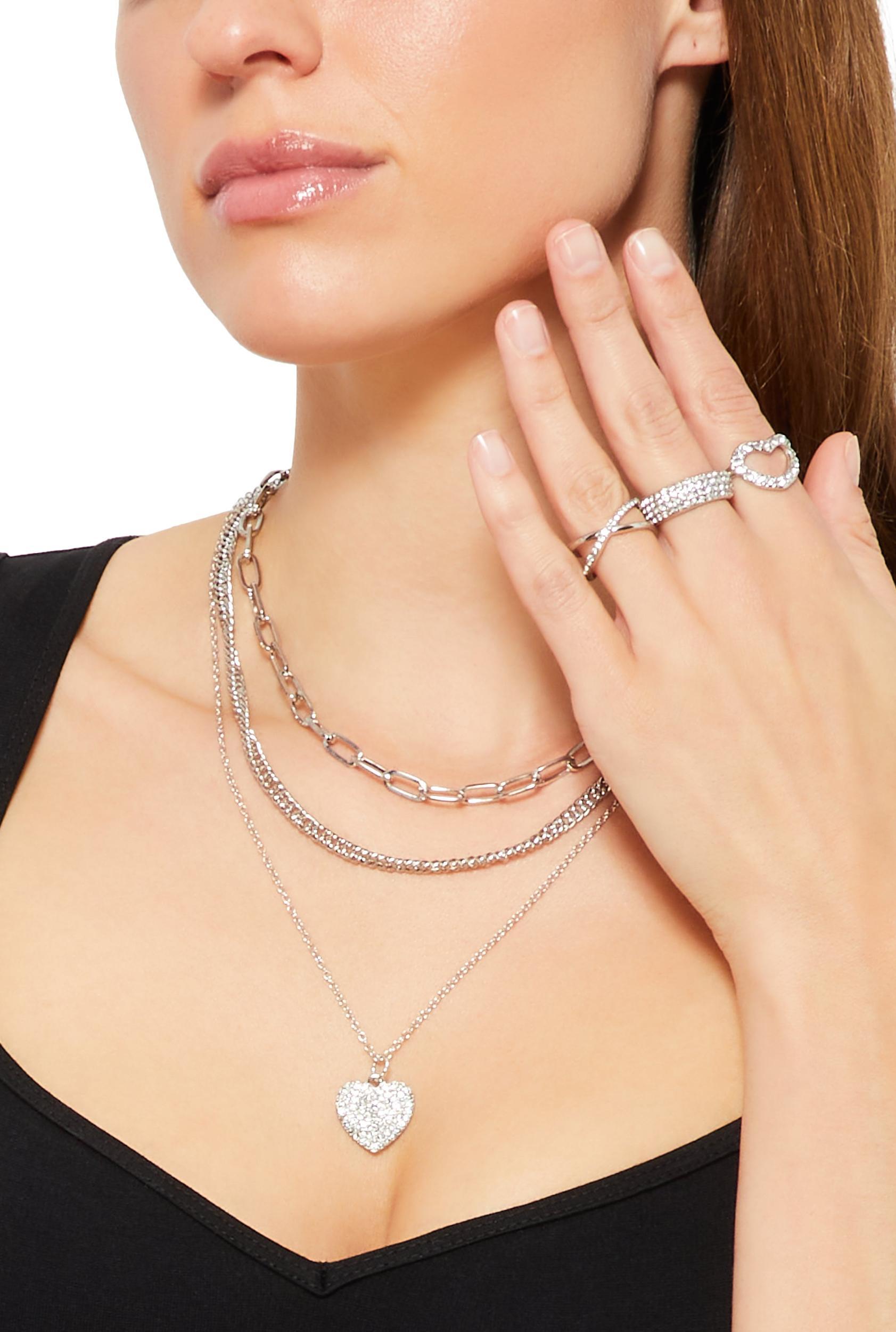 Cubic Zirconia Heart Layered Necklace and Rings Set Female Product Image