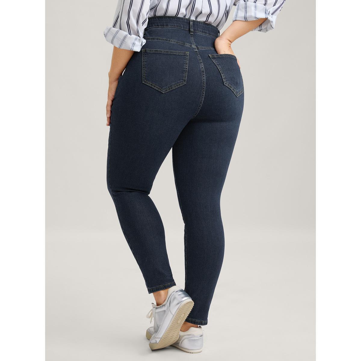 Plus Size Skinny Very Stretchy High Rise Dark Wash Gap Proof Jeans Women DarkBlue Casual Plain Non High stretch Slanted pocket Jeans BloomChic 22/3X Product Image