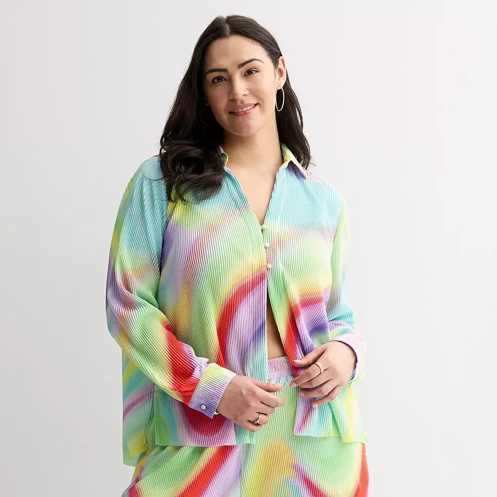 Plus Size INTEMPO™ Plisse Print Button Front Top, Women's, Size: 0X, Tie Dye Product Image