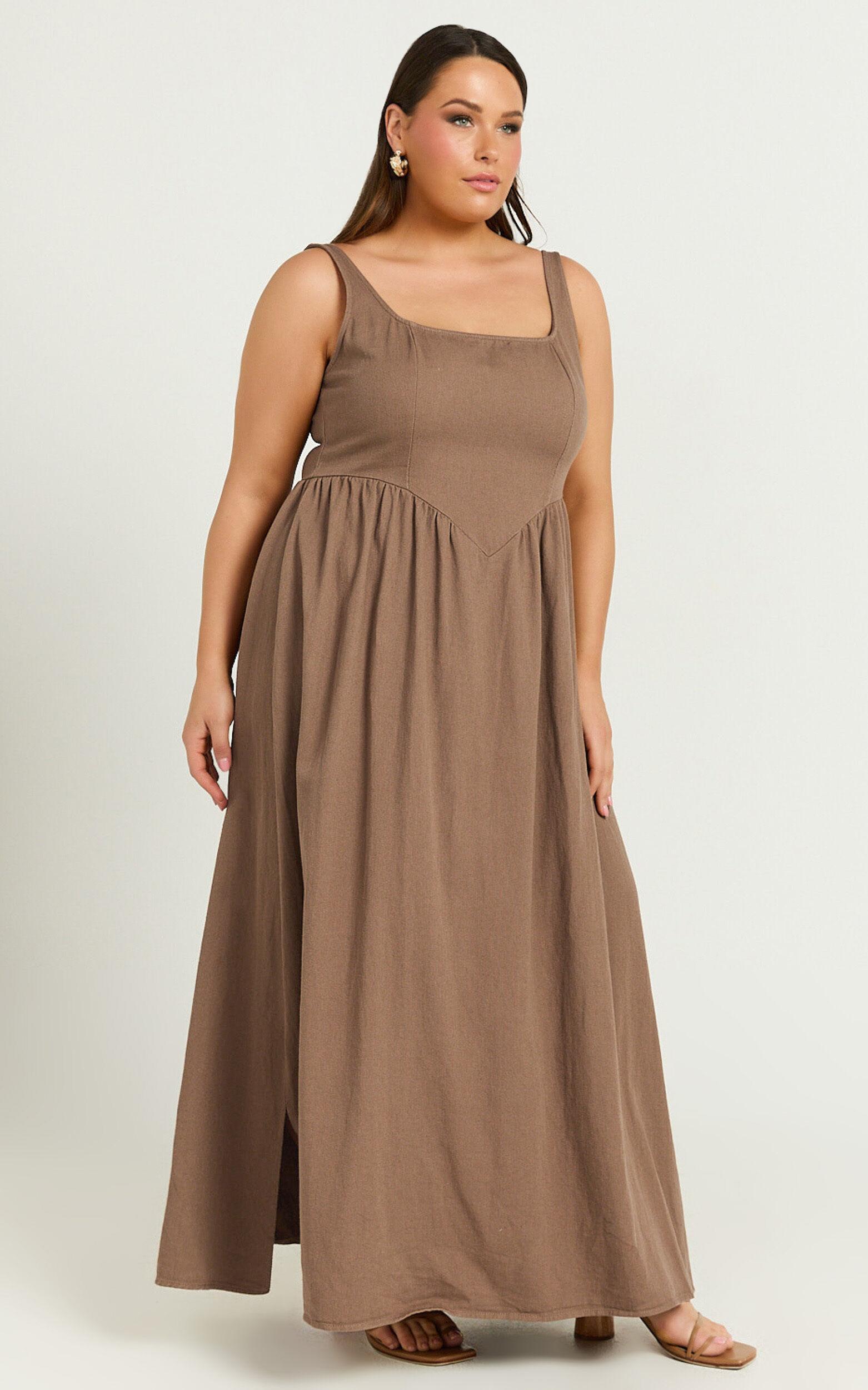 Rhaziya Midi Dress - Sleeveless Straight Neck Fit and Flare Dress in Tobacco Product Image