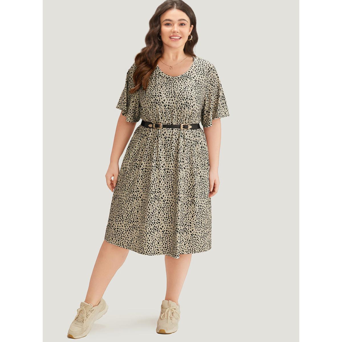 Plus Size Supersoft Essentials Leopard Print Pocket Crew Neck Flutter Sleeve Dress Leopard Women Casual Printed Round Neck Short sleeve Curvy Midi Dress BloomChic 22-24/3X Product Image