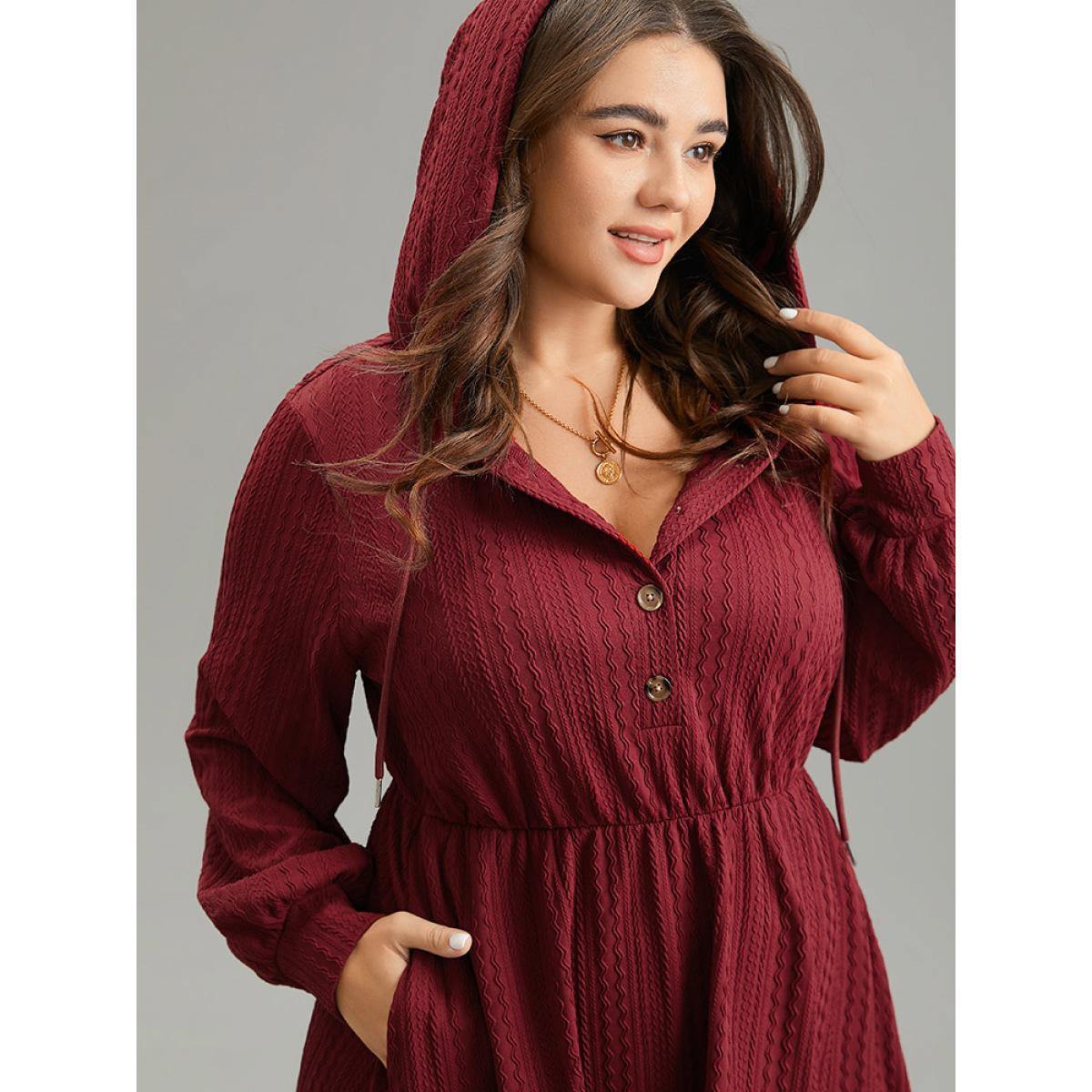 Plus Size Solid Textured Hooded Button Up Dress Scarlet Women Casual Texture Hooded Long Sleeve Curvy Midi Dress BloomChic 22-24/3X Product Image