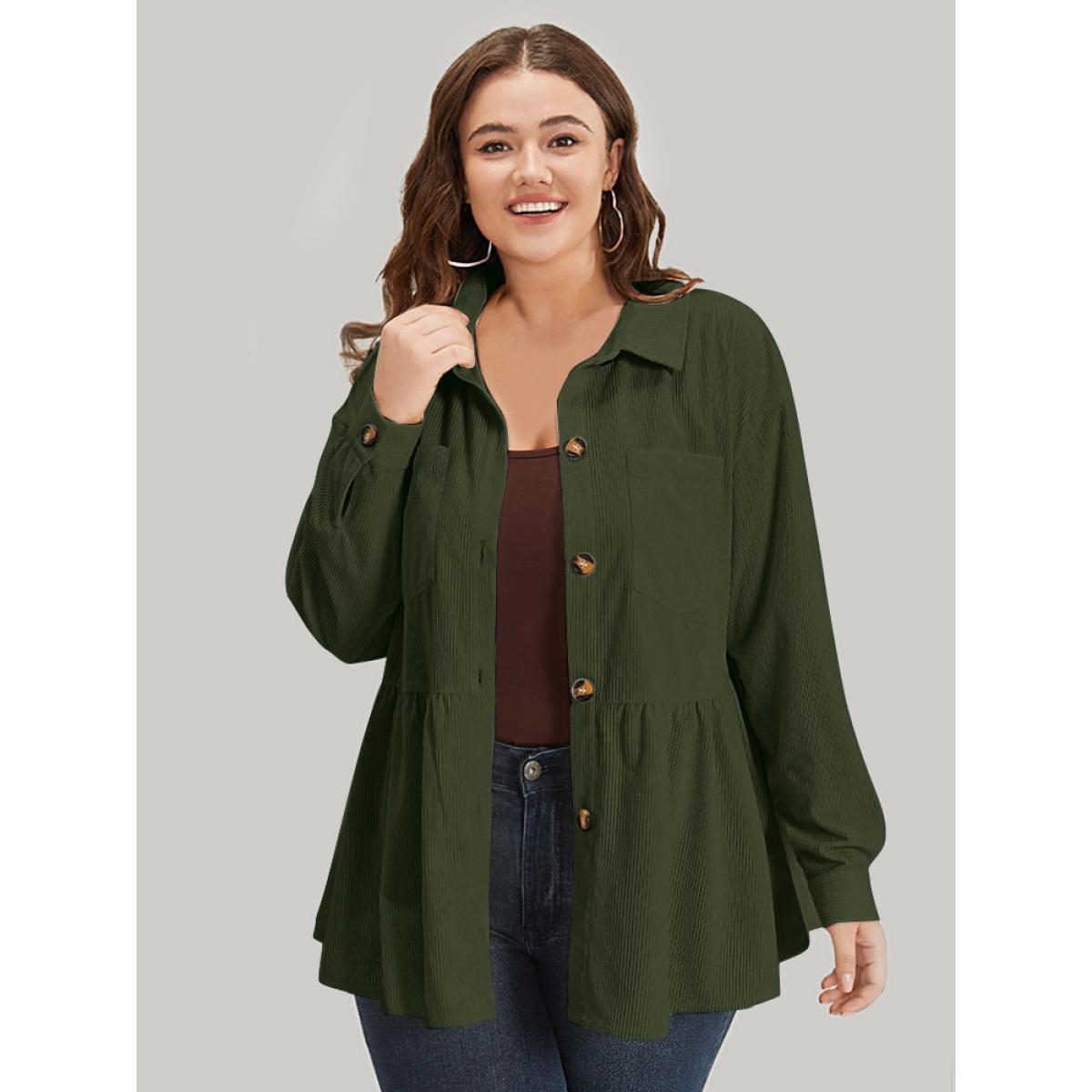 Plus Size Plain Shirt Collar Button Through Ruffle Hem Pocket Coat Women ArmyGreen Button Pocket Dailywear Jackets BloomChic 18-20/2X Product Image