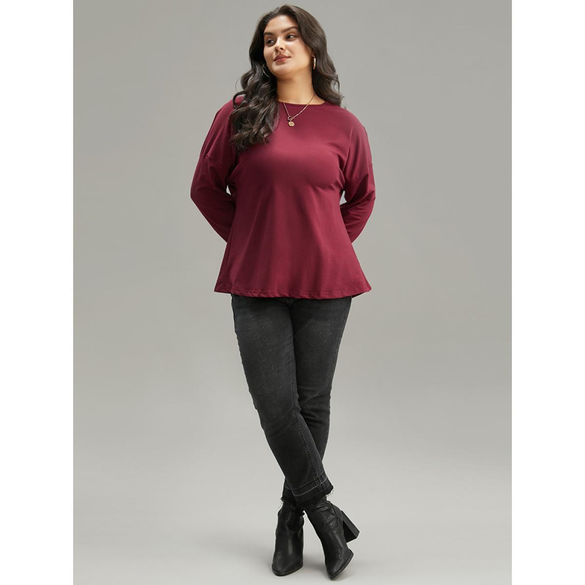 Plus Size Plain Guipure Lace Crisscross Cut Out Sweatshirt Women Burgundy Elegant Elastic cuffs Round Neck Dailywear Sweatshirts BloomChic 12/L Product Image